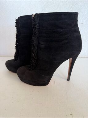 Gucci Black Suede Fringe High Heel Ankle Boots